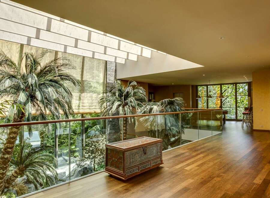 Experience luxury living with this stunning interior featuring a spacious hallway overlooking a lush indoor garden with palm trees.