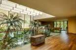 Experience luxury living with this stunning interior featuring a spacious hallway overlooking a lush indoor garden with palm trees.