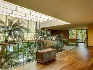 Experience luxury living with this stunning interior featuring a spacious hallway overlooking a lush indoor garden with palm trees.