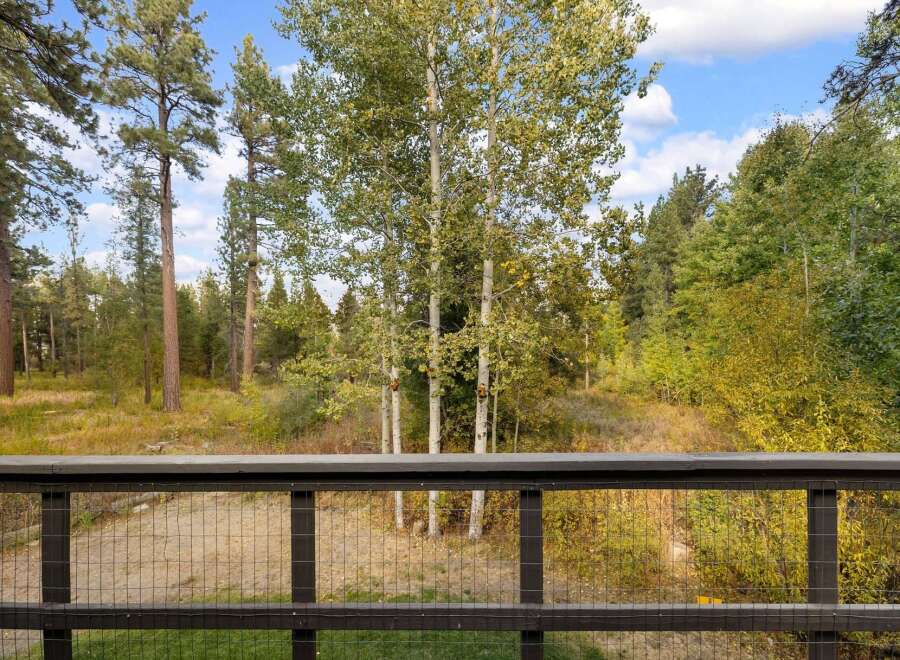 Enjoy the serene natural beauty surrounding this property, featuring a lush forest backdrop with tall pine and aspen trees.