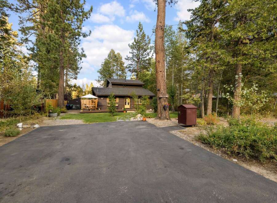 Charming cabin nestled among tall pine trees, offering a serene mountain retreat.