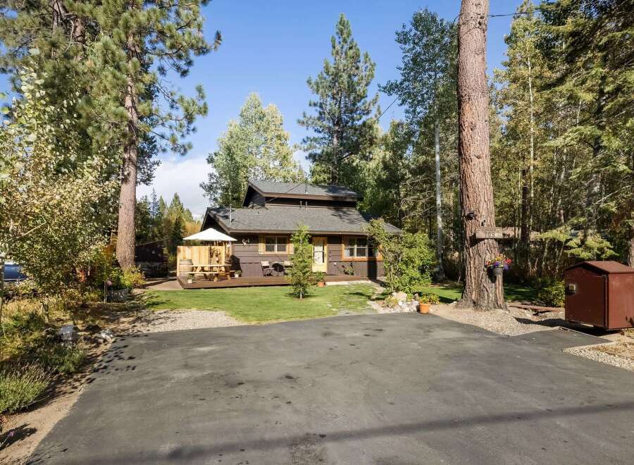 Nestled amidst tall pine trees, this charming cabin offers a serene mountain retreat.
