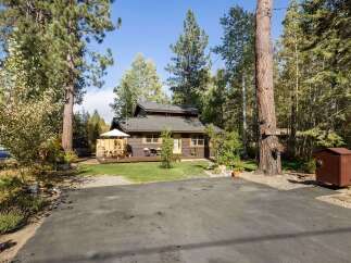 Nestled amidst tall pine trees, this charming cabin offers a serene mountain retreat.