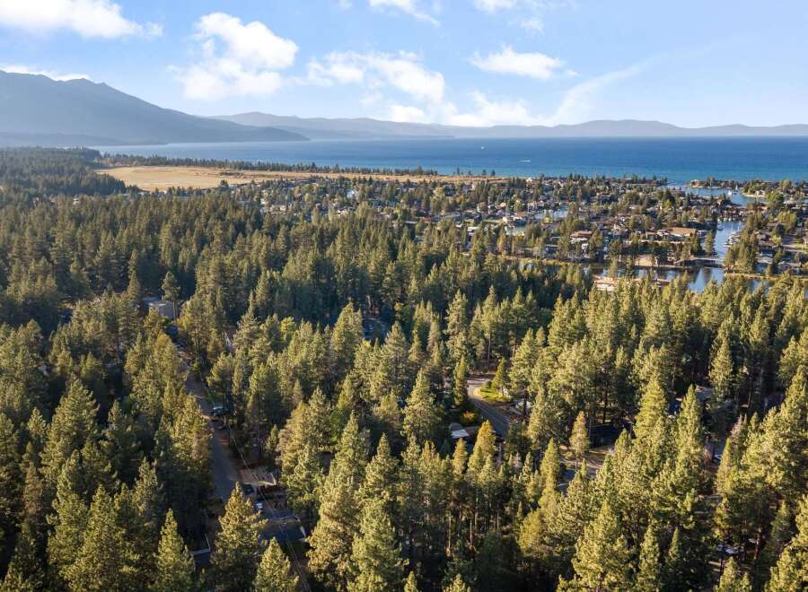 Experience the ultimate lakeside lifestyle with this stunning aerial view of a picturesque neighborhood nestled among towering pine trees.