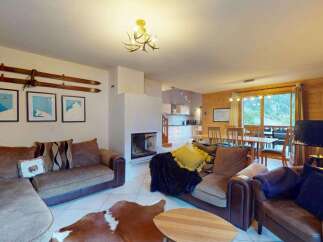 Experience cozy mountain living in this charming living room, featuring a modern fireplace and unique ski decor.