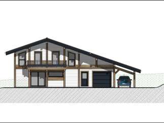 Discover modern living in this stunning architectural home, featuring a striking asymmetrical roofline and a blend of wood and white siding.