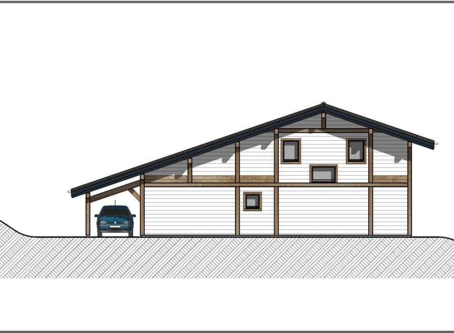 Discover modern living with this architectural drawing showcasing a two-story house featuring a unique asymmetrical roofline and a covered carport.