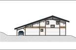 Discover modern living with this architectural drawing showcasing a two-story house featuring a unique asymmetrical roofline and a covered carport.