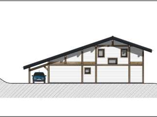 Discover modern living with this architectural drawing showcasing a two-story house featuring a unique asymmetrical roofline and a covered carport.
