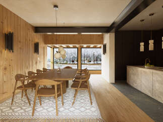 Experience modern living in this stunning dining area, featuring a warm wooden accent wall and a large dining table perfect for gatherings.
