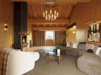 Experience rustic luxury in this stunning living room, featuring a grand stone fireplace and warm, wood-paneled walls.