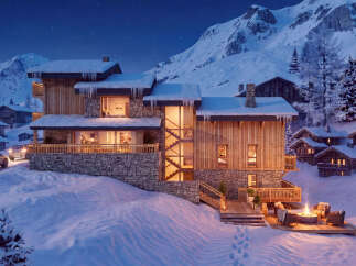 Experience the ultimate winter retreat in this stunning mountain chalet, featuring a cozy outdoor fire pit perfect for après-ski relaxation.
