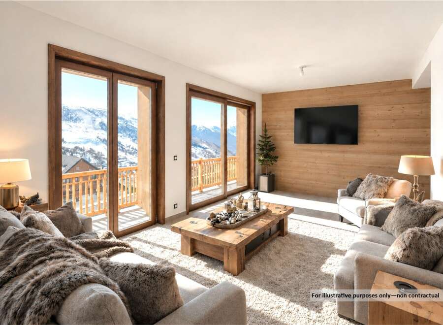Experience breathtaking mountain views from this luxurious living room, featuring floor-to-ceiling windows that open onto a private balcony.