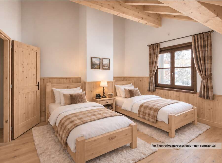 Experience cozy mountain living in this charming bedroom featuring two twin beds with rustic wooden frames and plaid accents.