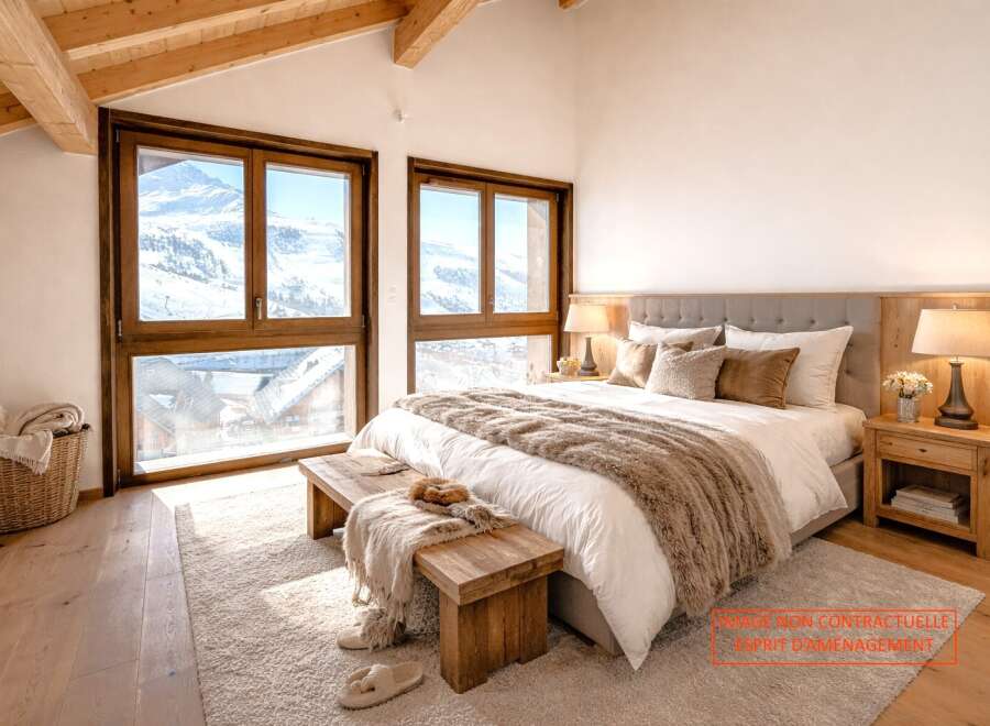 Experience ultimate comfort in this luxurious bedroom, featuring a plush king-size bed adorned with soft, textured throws and pillows.