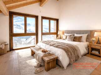 Experience ultimate comfort in this luxurious bedroom, featuring a plush king-size bed adorned with soft, textured throws and pillows.