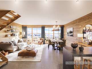 Experience luxury mountain living in this stunning open-concept living space, featuring a modern sectional sofa, a cozy leather ottoman, and a spacious dining area perfect for entertaining.