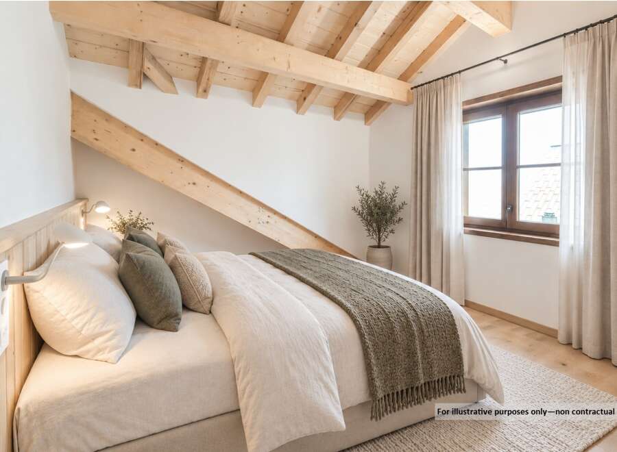 Experience cozy living in this charming bedroom featuring exposed wooden beams and a sloped ceiling, creating a rustic and inviting atmosphere.