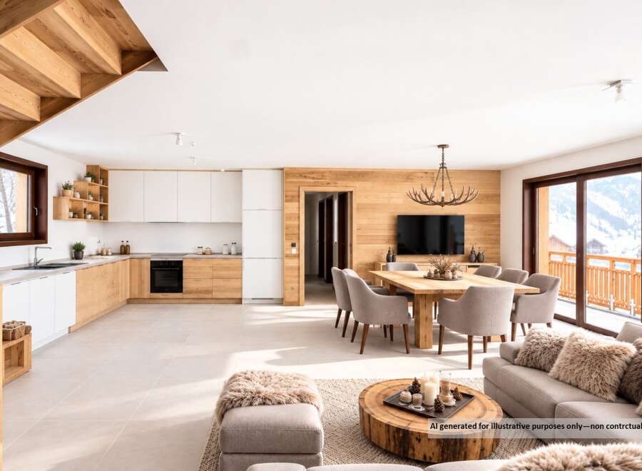 Experience modern alpine living in this stunning open-concept space, featuring a gourmet kitchen with sleek cabinetry and a spacious dining area perfect for gatherings.