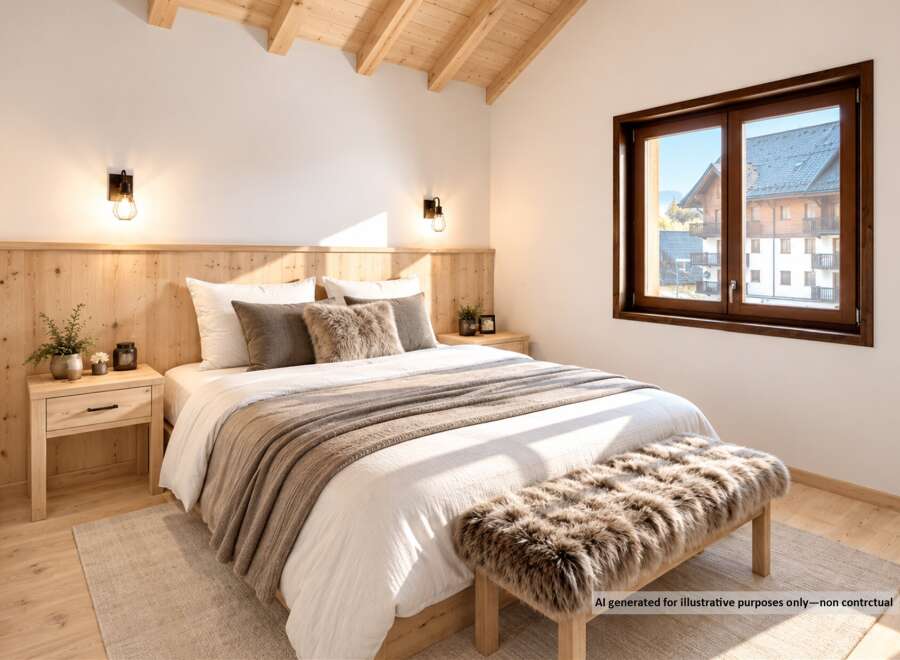Experience cozy mountain living in this charming bedroom, featuring a comfortable bed adorned with plush throws and pillows.
