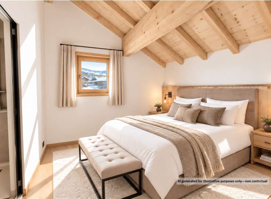 Experience cozy mountain living in this charming bedroom featuring a comfortable king-size bed adorned with plush pillows and a warm throw blanket.