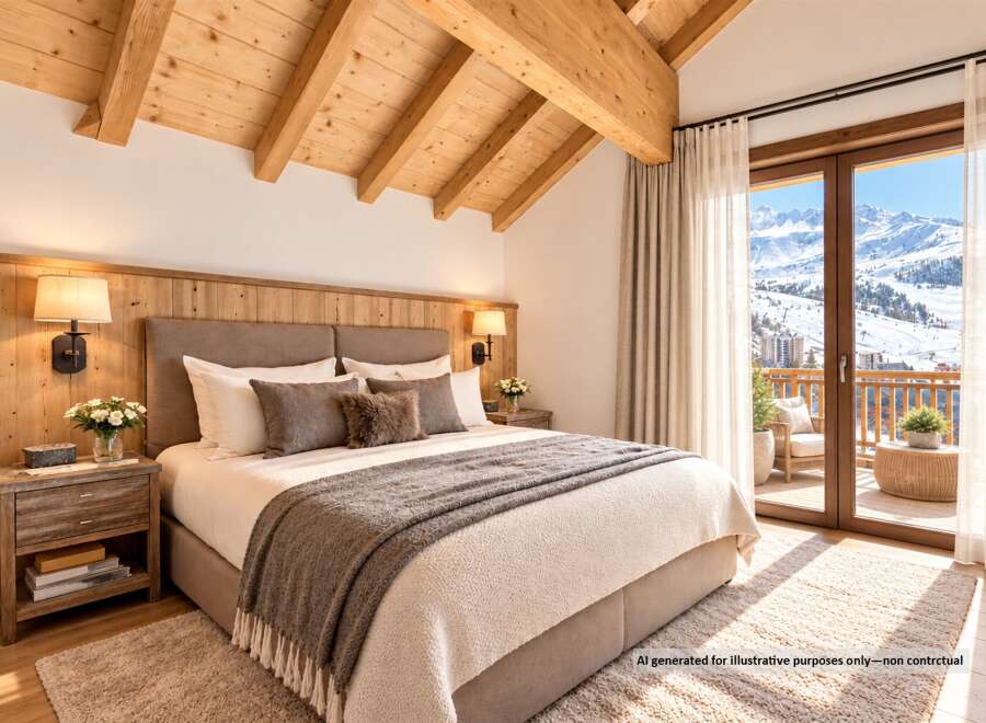 Experience luxury mountain living in this stunning bedroom, featuring a cozy king-sized bed adorned with plush pillows and a warm throw blanket.