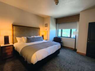 Experience comfort and style in this beautifully appointed hotel room, featuring a plush king-sized bed with a decorative throw and bolster pillow.