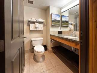 This well-appointed bathroom features a clean white toilet and a spacious vanity with a granite countertop.