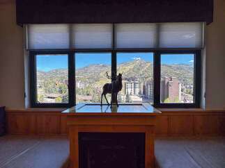 Experience breathtaking mountain views from this stunning property, framed by a large window and complemented by a decorative elk statue.