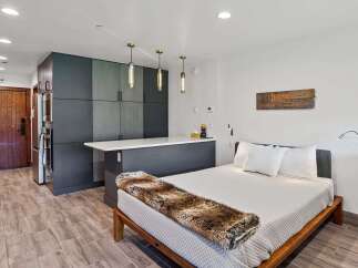 Experience modern living in this studio apartment featuring a sleek kitchen with ample cabinet space and a convenient breakfast bar.