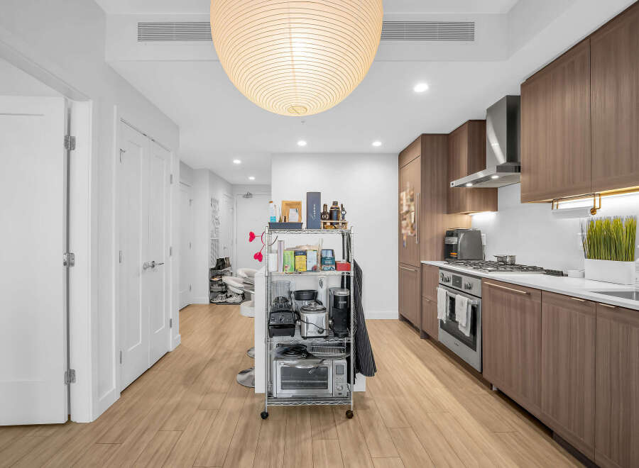 Experience modern living in this stylish apartment featuring a sleek, contemporary kitchen with rich wood cabinetry and stainless steel appliances.