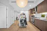 Experience modern living in this stylish apartment featuring a sleek, contemporary kitchen with rich wood cabinetry and stainless steel appliances.
