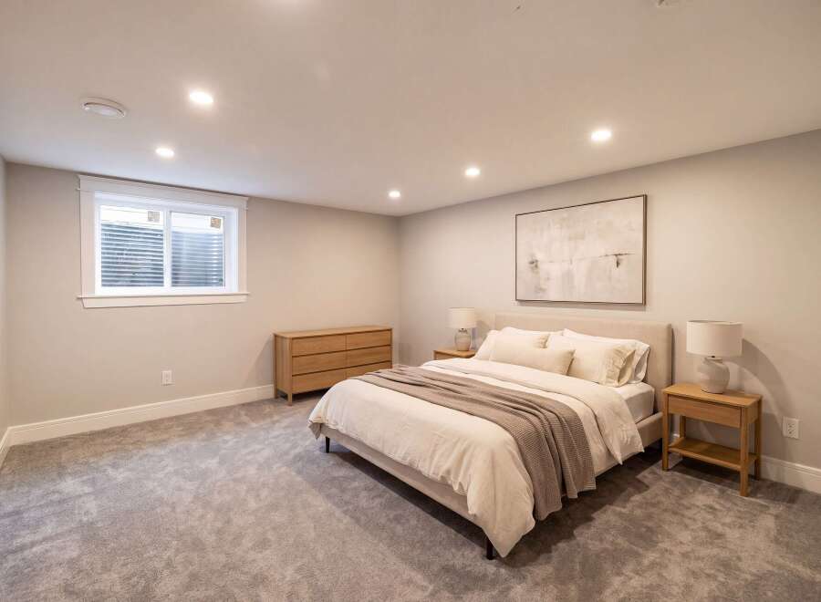 Discover this inviting bedroom featuring a plush king-size bed, complemented by a modern wooden dresser and a sleek nightstand with a lamp.