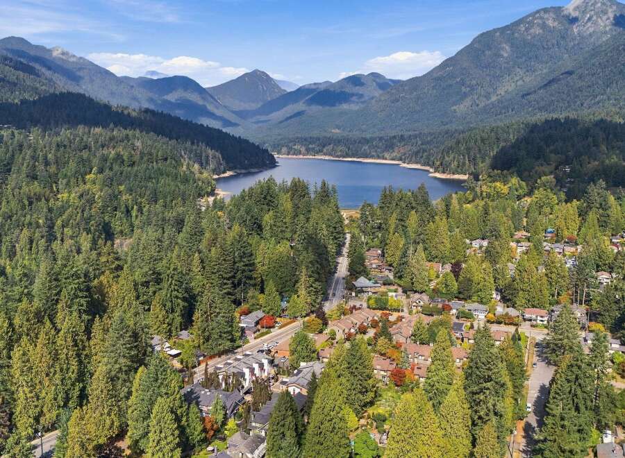 Discover this stunning aerial view of a residential neighborhood nestled amidst a lush, evergreen forest, with a serene lake and majestic mountains in the background.