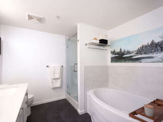 Experience modern comfort in this beautifully appointed bathroom, featuring a sleek vanity, a glass-enclosed shower, and a luxurious soaking tub perfect for unwinding.
