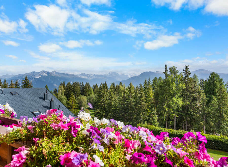 Experience breathtaking mountain views from this stunning property, featuring a beautifully maintained roof and a vibrant balcony overflowing with colorful flowers.