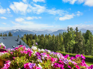 Experience breathtaking mountain views from this stunning property, featuring a beautifully maintained roof and a vibrant balcony overflowing with colorful flowers.