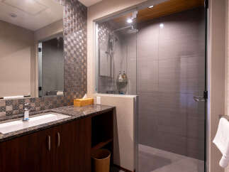 Experience modern luxury in this bathroom featuring a sleek granite countertop vanity with a undermount sink and a spacious glass-enclosed shower with elegant tilework.
