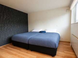 Experience comfort and style in this modern bedroom featuring two plush beds dressed in deep blue linens.