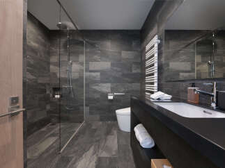 Experience modern luxury in this sleek bathroom featuring a spacious walk-in shower with elegant stone tilework.