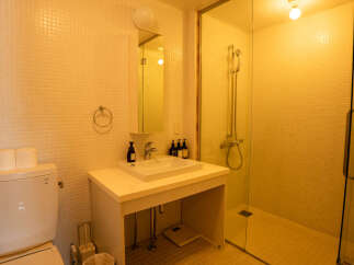 Experience modern comfort in this well-appointed bathroom featuring a sleek vanity with a pristine white sink and a convenient shower enclosure.