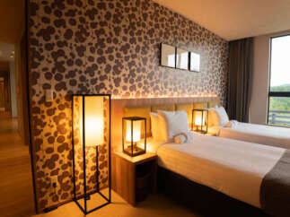 Experience comfort and style in this hotel room featuring two twin beds, perfect for families or travel companions.