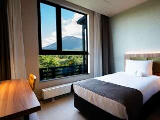 Experience breathtaking mountain views from this serene hotel room, featuring a comfortable single bed and a spacious wooden desk.