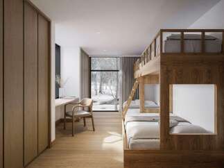 Experience cozy living in this charming bedroom featuring a stylish wooden bunk bed perfect for families or guests.