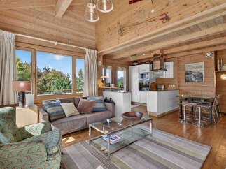 Experience cozy living in this charming wooden cabin featuring a spacious living area with a comfortable sofa and armchair, perfect for relaxing after a day of skiing.