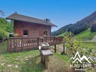 Nestled amidst breathtaking mountain scenery, this charming wooden chalet offers a serene escape.