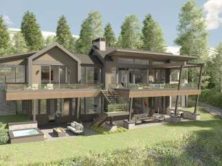 Experience luxury mountain living in this stunning modern home, featuring expansive glass walls and multiple outdoor living spaces perfect for entertaining.