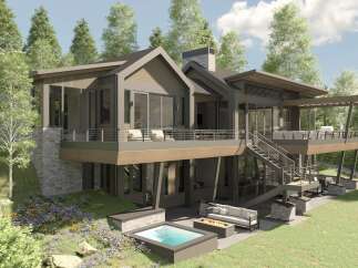 Experience luxury mountain living in this stunning modern home, featuring expansive decks and a private hot tub perfect for enjoying the serene natural surroundings.