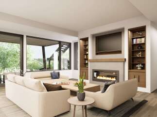 Experience modern living in this stunning home featuring a spacious living area with a sleek fireplace and built-in shelving.
