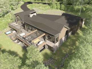 Experience luxury mountain living in this stunning modern home, featuring expansive decks with a hot tub and outdoor dining area perfect for entertaining.